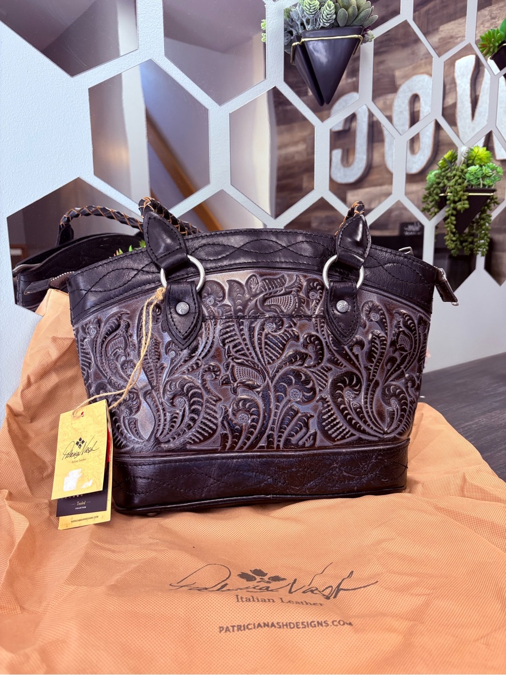 Patricia Nash Brown Embossed Leather Tote with Floral Tooling